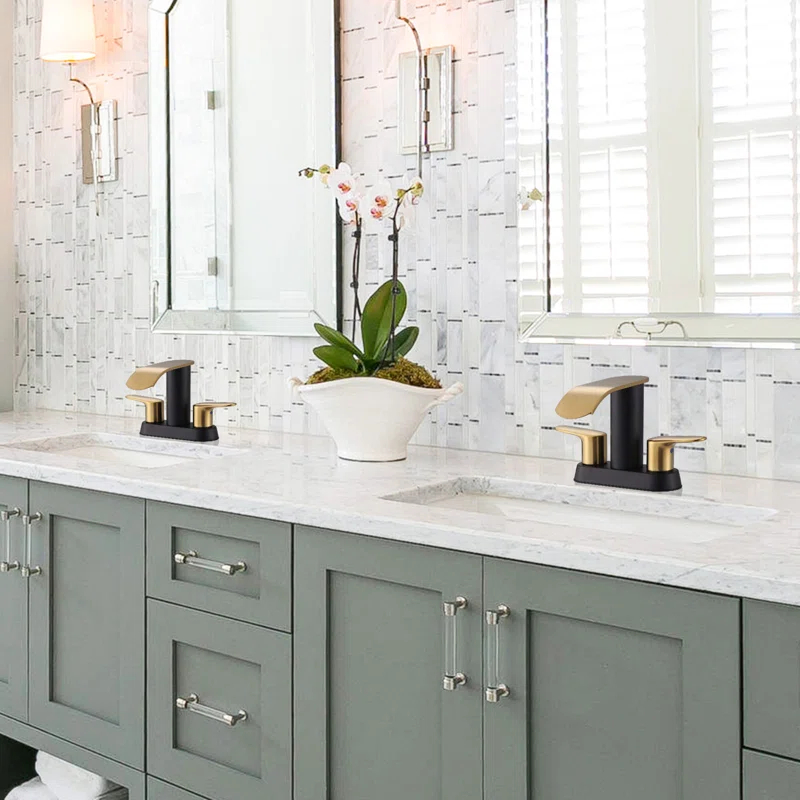 Aleasha 4-inch Centerset Double Handle Waterfall Bathroom Sink Faucet with Pop-up Drain Kit AL-2C69GB