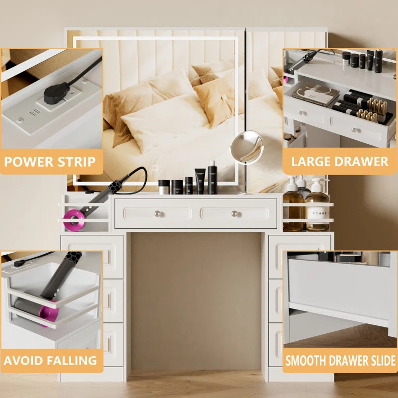 Ivy Bronx Vanity Desk With Mirror And Lights, Makeup Vanity With Charging Station & 7 Drawers, White Vanity With 2 Fences, Dressing Table With Hidden Cabinet, For Women Girls, Brightness Adjustable