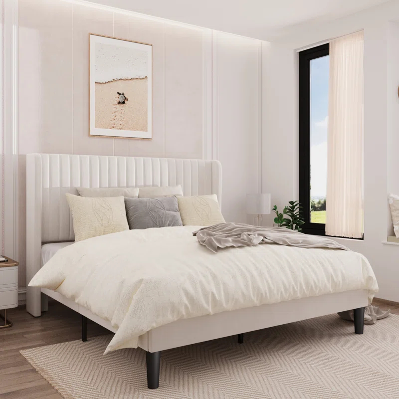 Candler Velvet Upholstered Platform Bed with Wingback Headboard and Wooden Slats