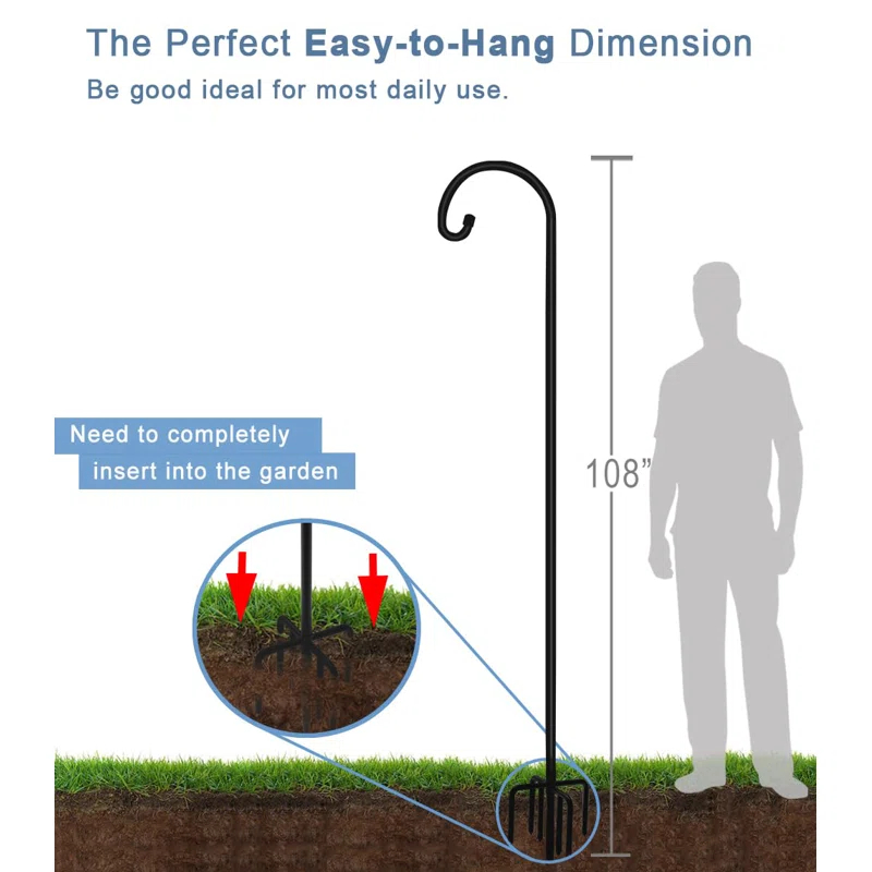Arlmont & Co. Velsie 108 Inch Outdoor Shepherd Hook With 7 Prong Base (1 Pack), Adjustable Heavy Duty Garden Hanging Stake , Matte Black