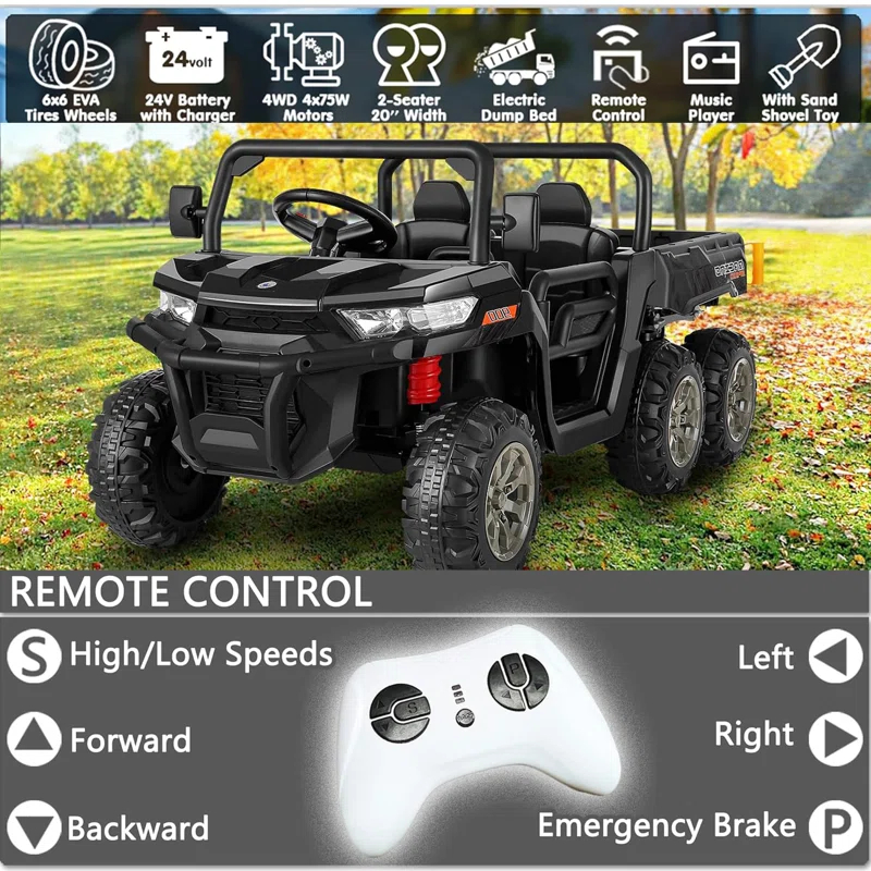 JOYRACER 24V 2 Seater Ride On Dump Truck with Remote Control , Electric UTV Car with Electric Dump Bed, 4WD Power Ride Cars W/6 Wheels Ride On Toys with Shovel Music Player