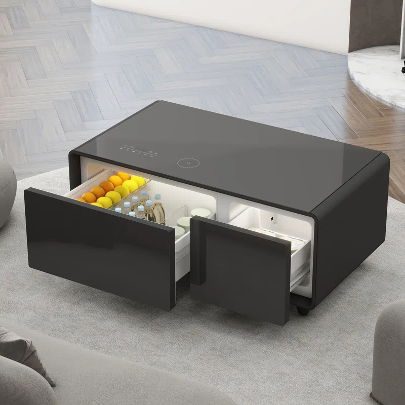 CRS APPLIANCES, Modern Smart Coffee Table with Built-in Fridge, Bluetooth Speaker, Wireless Charging, Touch Control Panel, USB Ports, Outlet Protection, Atmosphere light