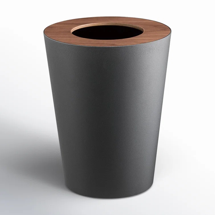 Rin Yamazaki Home Round Trash Can, 1.85 gallon Wastebasket Bathroom Kitchen Office, Steel + Wood