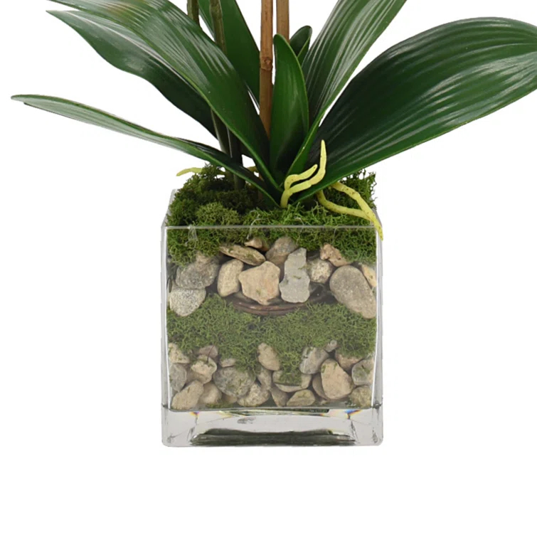 Pink Polysilk Orchid and Bamboo Arrangement in Glass Vase