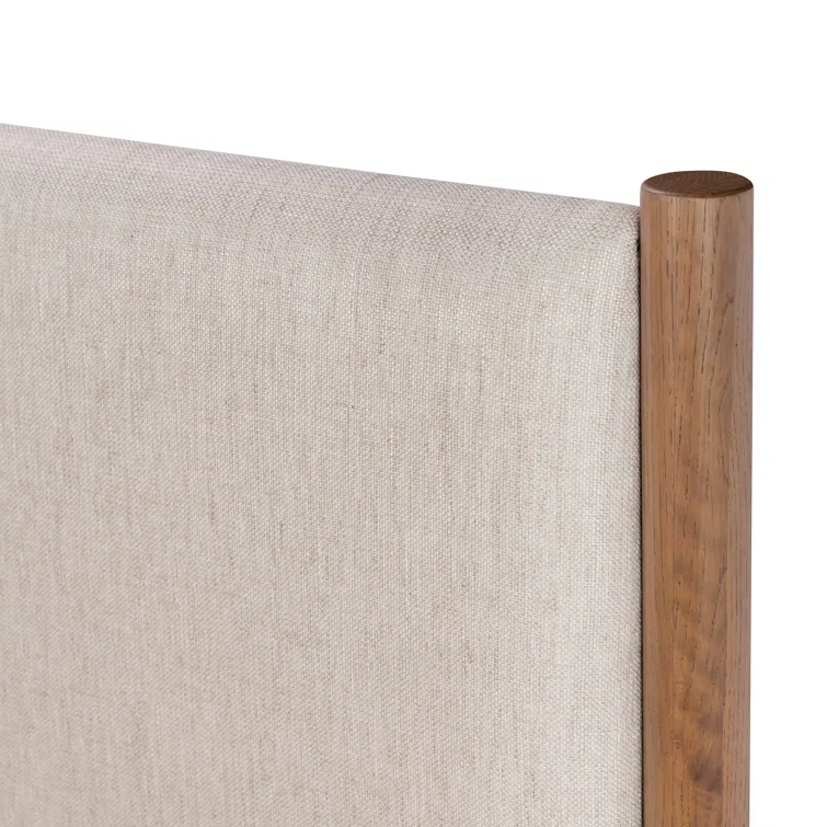 Queen Oak Upholstered Headboard Bed with Slats