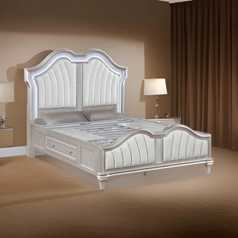Benjara Nive Bed, LED Arch, Ivory Upholstery, Storage, Silver