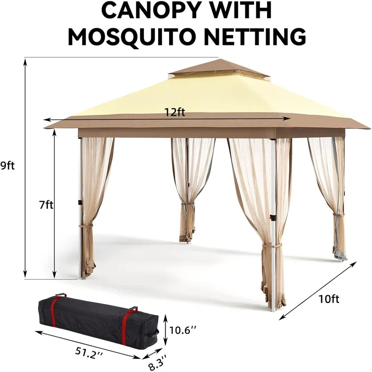 Yuan Home 12'X12' Outdoor Pop-Up Gazebo Canopy Tent With Curtains, Mosquito Netting, 2-Tiered Vented Top, 144 Sq. Ft. Shelter For Patio & Backyard Parties