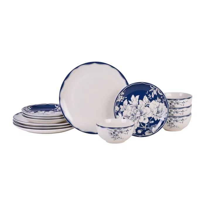 222 Fifth 222 Fifth Brittany 12-Piece Porcelain Dinnerware Set - Service For 4, Plate & Bowl Set