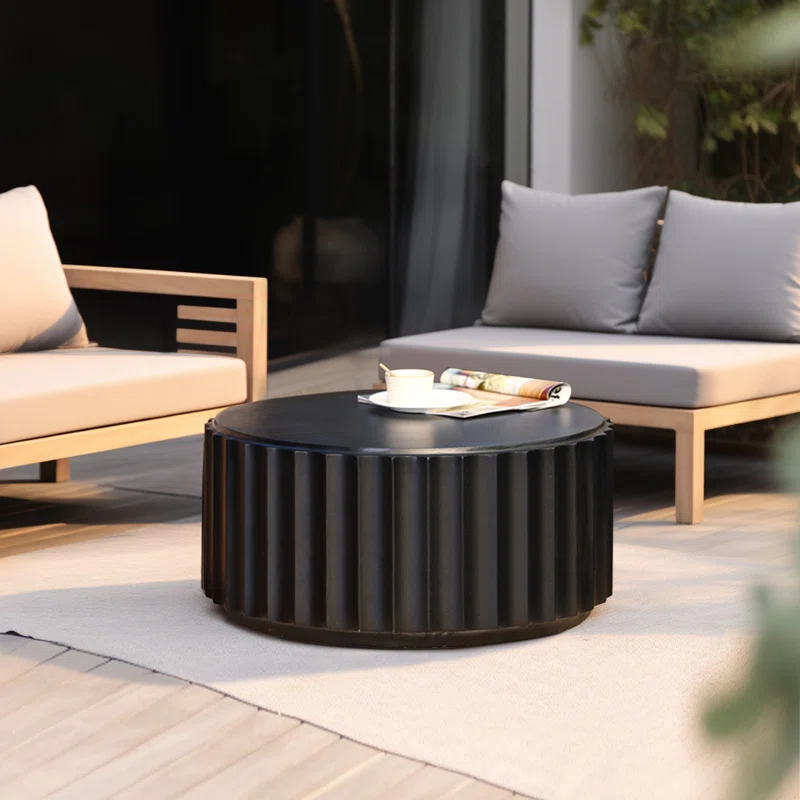 Luxen Home Black Cement Round Coffee Table for Outdoors and Indoors, Modern Accent, Housewarming Gifts