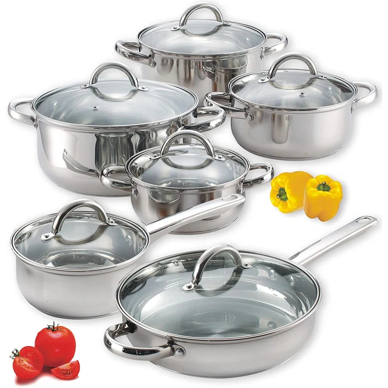 Cook N Home Cook N Home Kitchen Cookware Sets, 12-Piece Basic Stainless Steel Pots and Pans, Silver