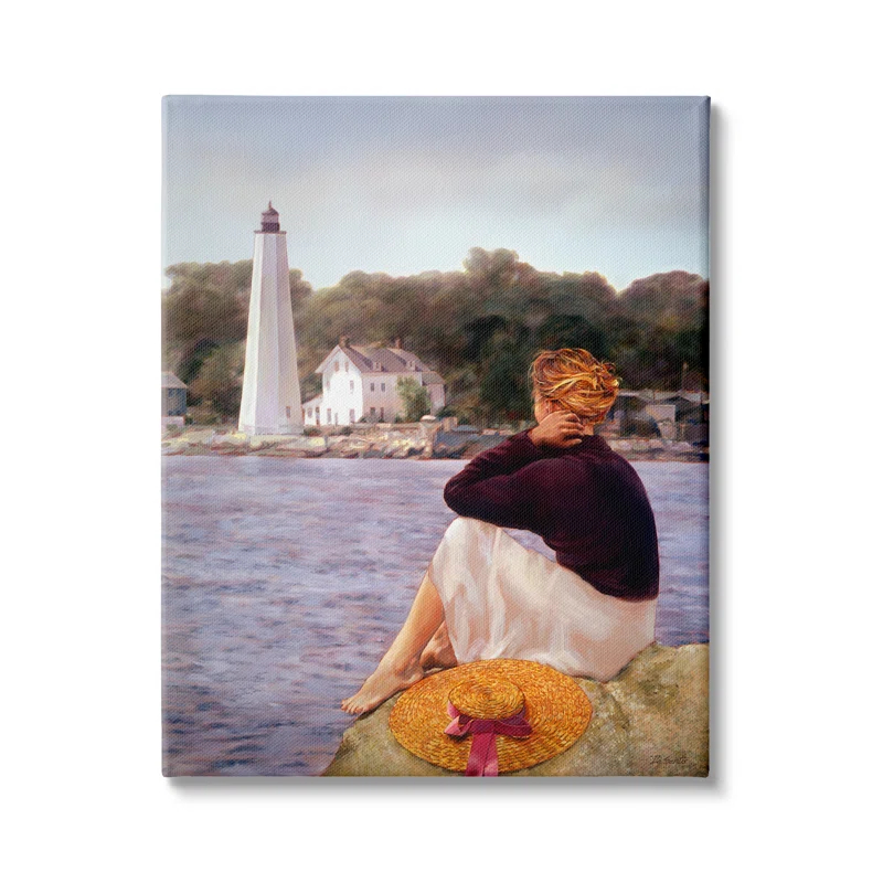 Stupell Industries " Woman At Shoreline Coast Lighthouse Realistic Nautical " Painting Print