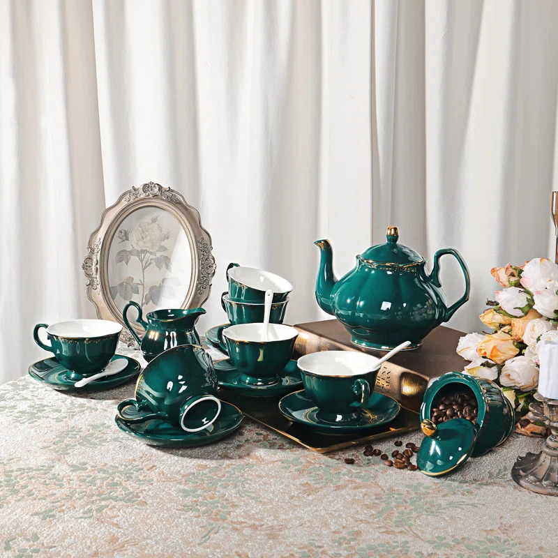 Rosdorf Park Malerba 21 Piece Vintage Porcelain Tea Set, Green With Gold Trim China Coffee Service For 6, Large Teapot, Tea Cup And Saucers Set, Christmas Gifts