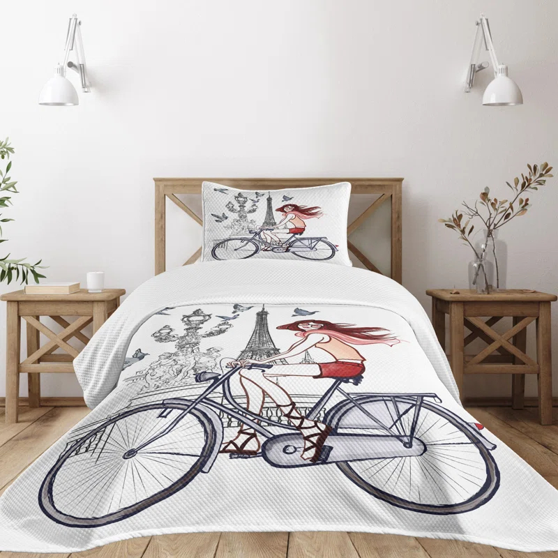 Ambesonne Ambesonne Paris Bedspread Set Woman on Bike Eiffel Grey Red Peach
