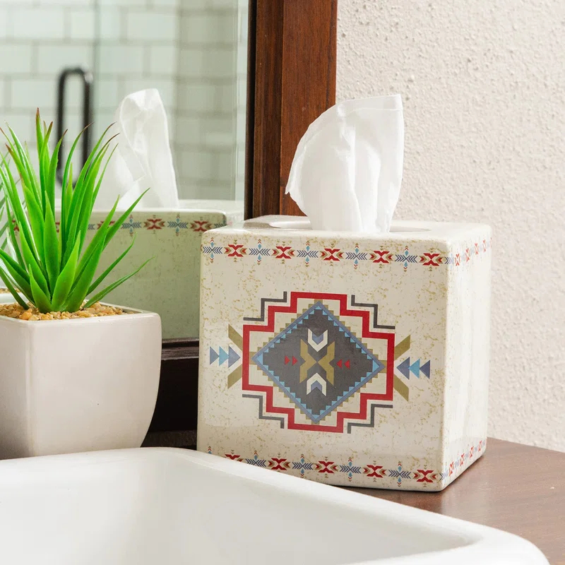 Paseo Road by HiEnd Accents Spirit Valley Cream Aztec Print Ceramic Southwestern Style Tissue Box Cover