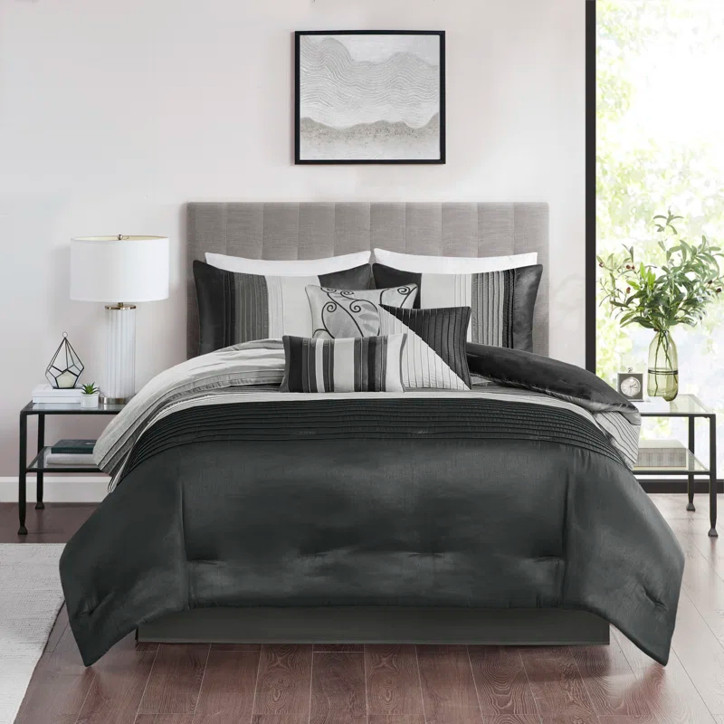 Madison Park Amherst 7 Piece Striped and Pleated Comforter Set