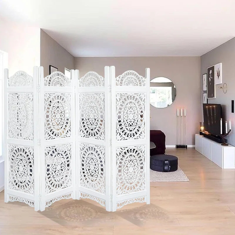 Canora Grey Light & Pro Wood Heart Design Handmade Hinged Foldable Partition 4 Panel Room Divider Screen With Intricately Carved Designs, Pre Assembled - Ready To Use - 48" X 64"