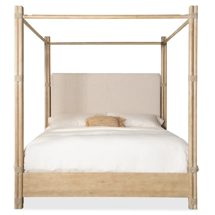 King Beige Upholstered Canopy Bed with Oak Frame