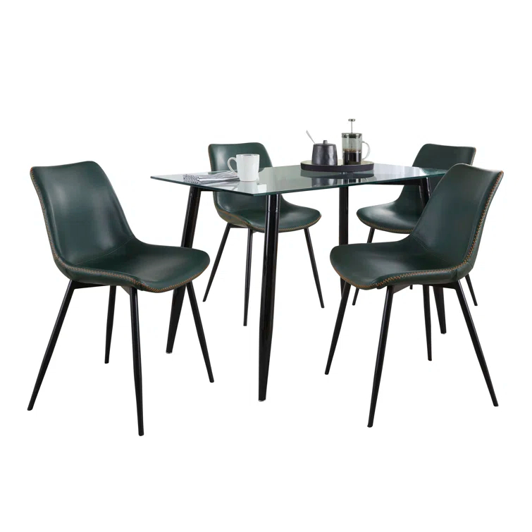 LumiSource Clara-Durango Contemporary Dining Set In Black Metal, Clear Glass And Green Vintage Faux Leather With Orange Zig Zag Stitching - 5 Piece