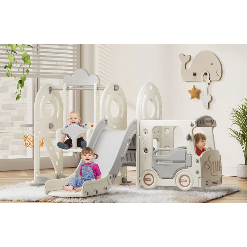 Suteck 5 in 1 Toddler Slide, Kids Slide with Climber,Bus Playhouse and Swing Outdoor Indoor Slide Playset