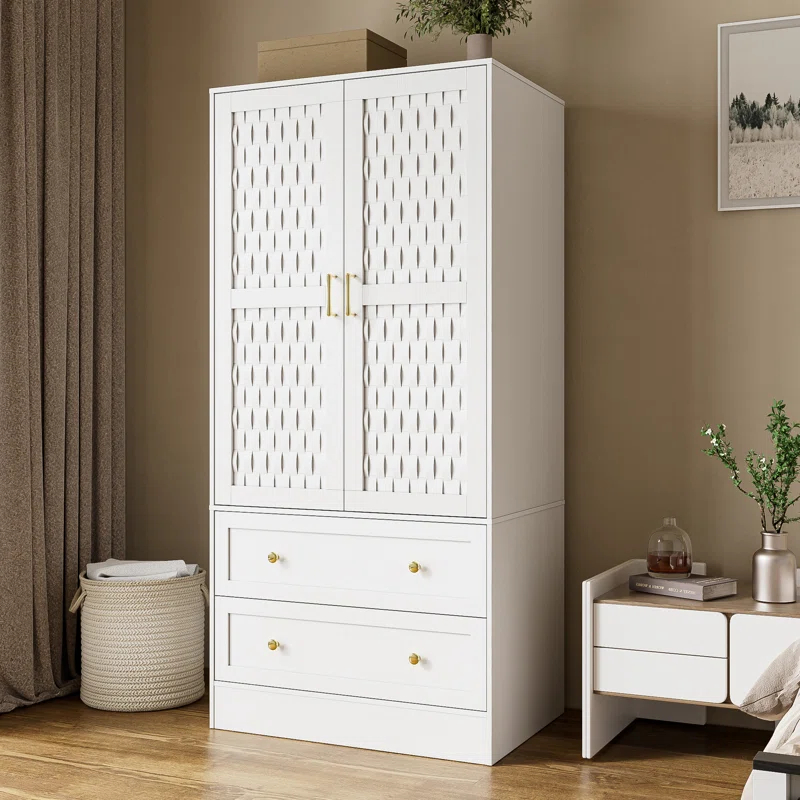Everly Quinn Freestanding Armoire Wardrobe Closet with 2 Woven Doors