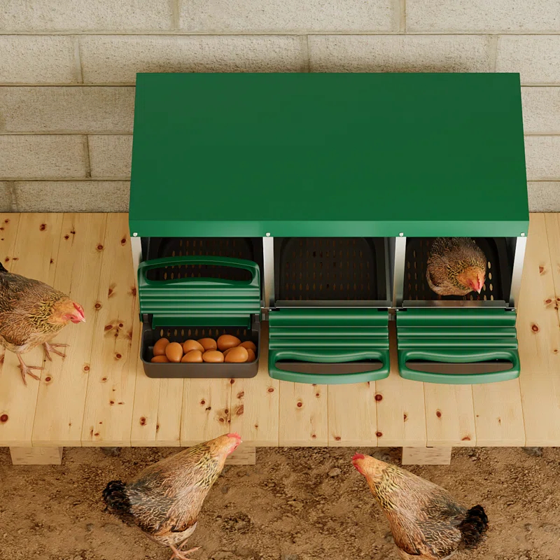 Bring Home Furniture Chicken Nesting Boxes with 3 Compartments for Laying Eggs, Galvanized Steel Hen Nesting Box with Lid Pull-Out Tray and Ventilation Design