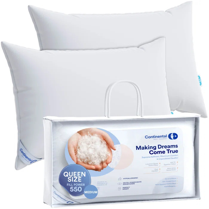 ContinentalBedding Premium Medium Down Bed Pillow (Set of 2)