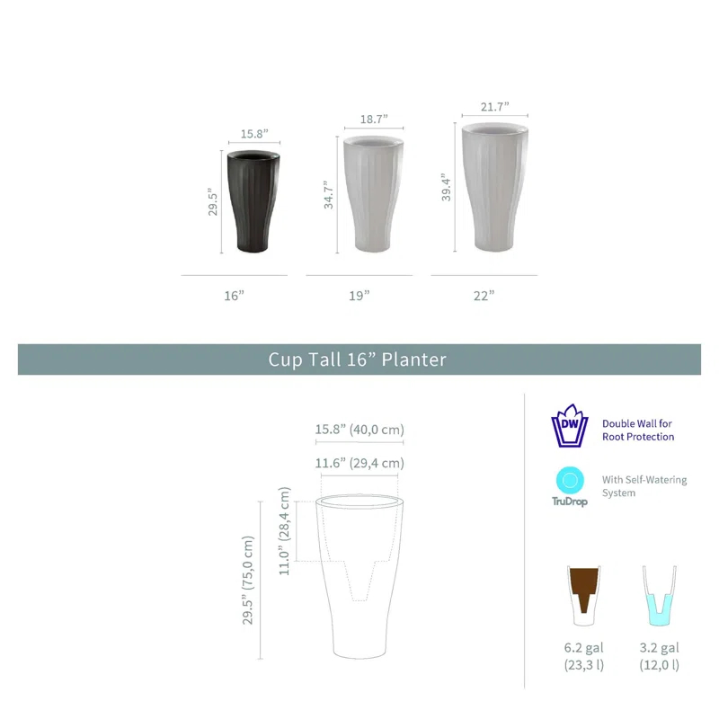 TruDrop Cup Self Watering Tall Planter