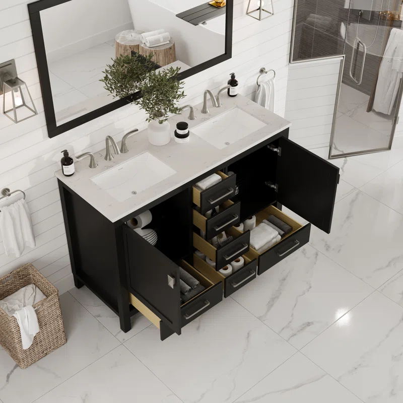 Eviva Eviva Aberdeen 48"W X 22"D White Double Sink Bathroom Vanity With White Carrara Quartz Countertop And Undermount Porcelain Sinks