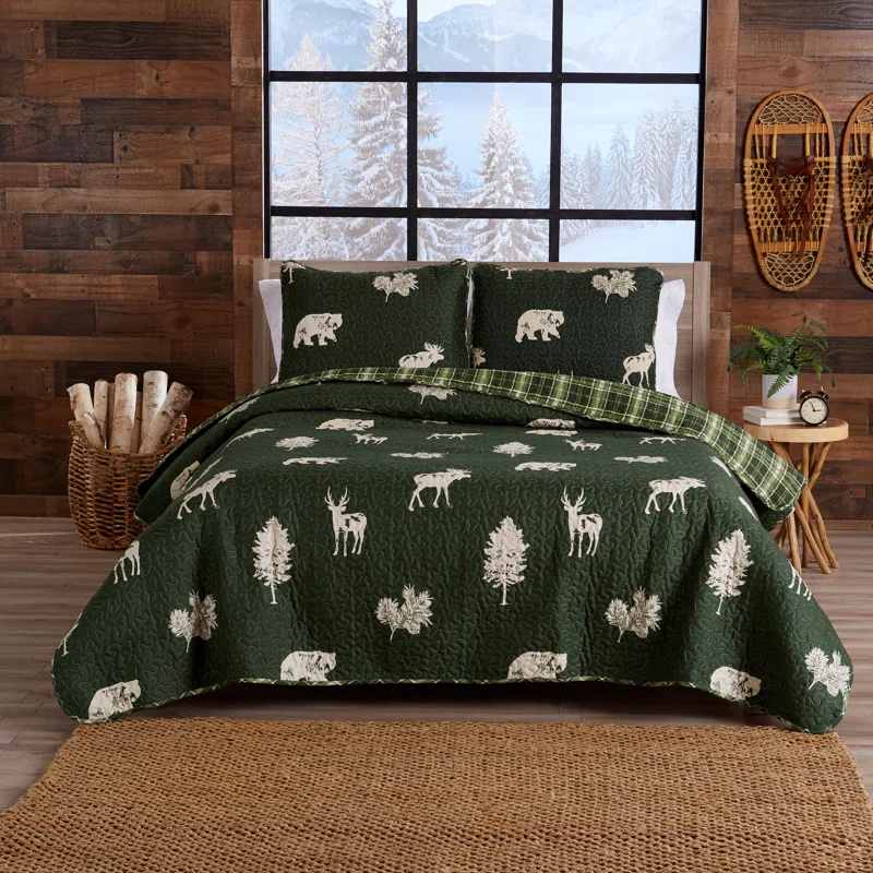 FreshFolds Forest Green Nature Quilt Set Reversible Plaid Quilt Set with Shams