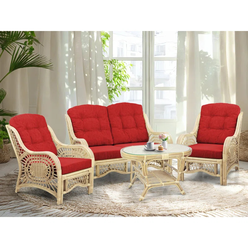 Bay Isle Home™ Malibu Lounge Set Of 4: 2 Natural Rattan Wicker Chairs, Loveseat And Coffee Table W/Glass Handmade, Natural Color