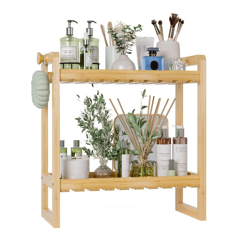 Ebern Designs Bamboo 2 In 1 Dual Stable Bathroom Over Toilet 2 Tier Storage Rack, Natural