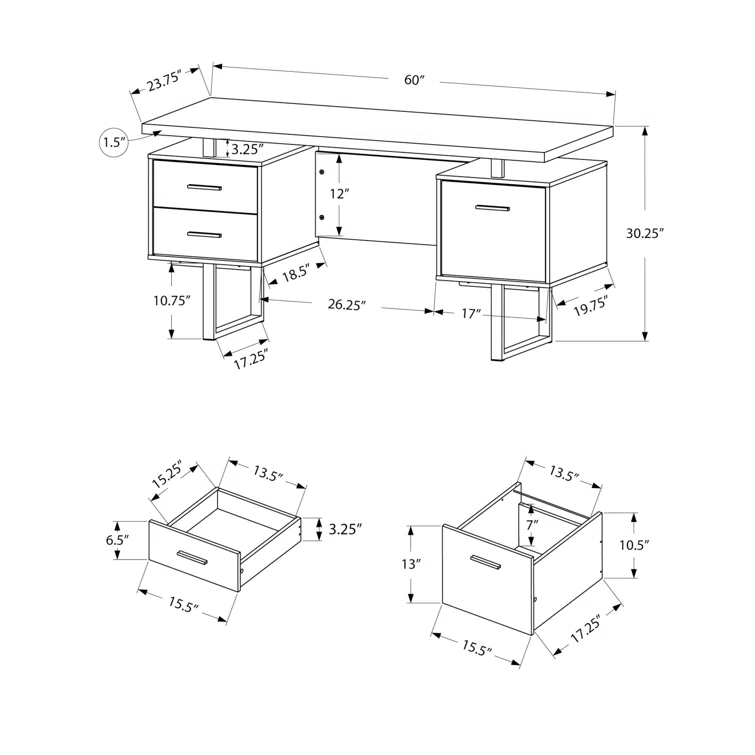 Monarch Specialties Computer Desk, Home Office, Laptop, Left, Right Set-Up, Storage Drawers, 60"L, Metal, Laminate