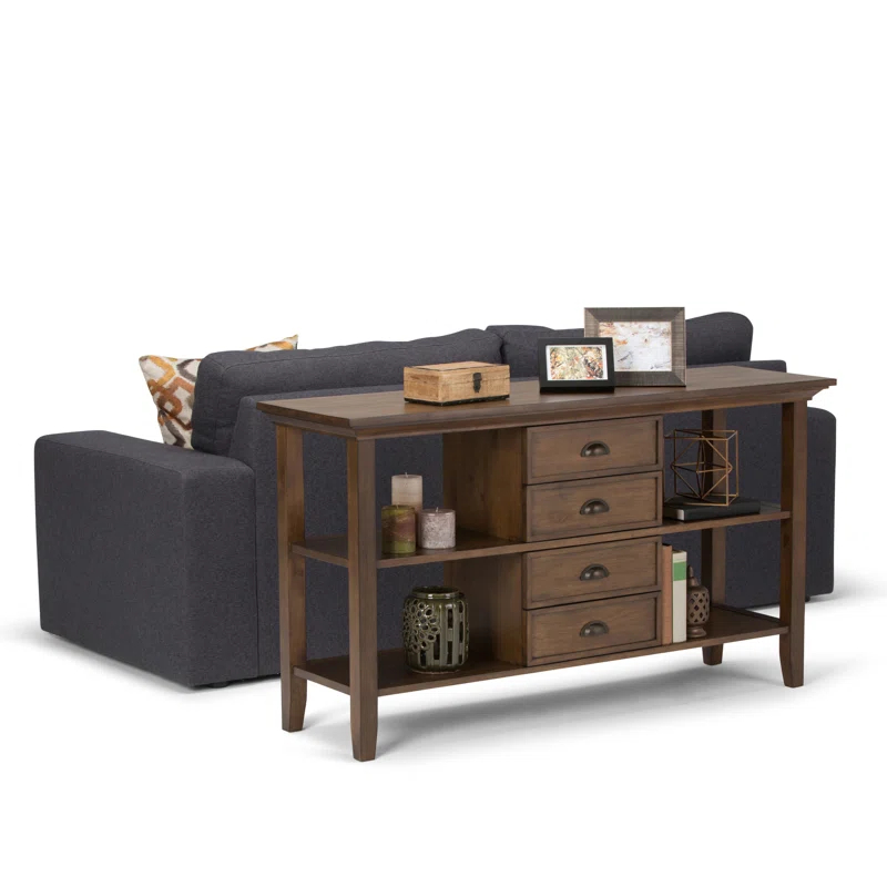 Simpli Home Redmond 54"W Solid Wood Storage Console Table with 4 Center Drawers and Open Shelves