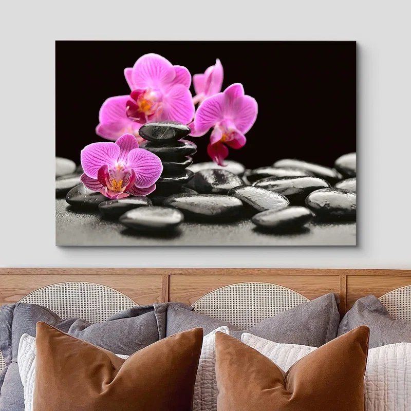 IDEA4WALL Zen Stones Purple Orchid Flowers Black Beach Pebbles Nature Wilderness On Canvas Print