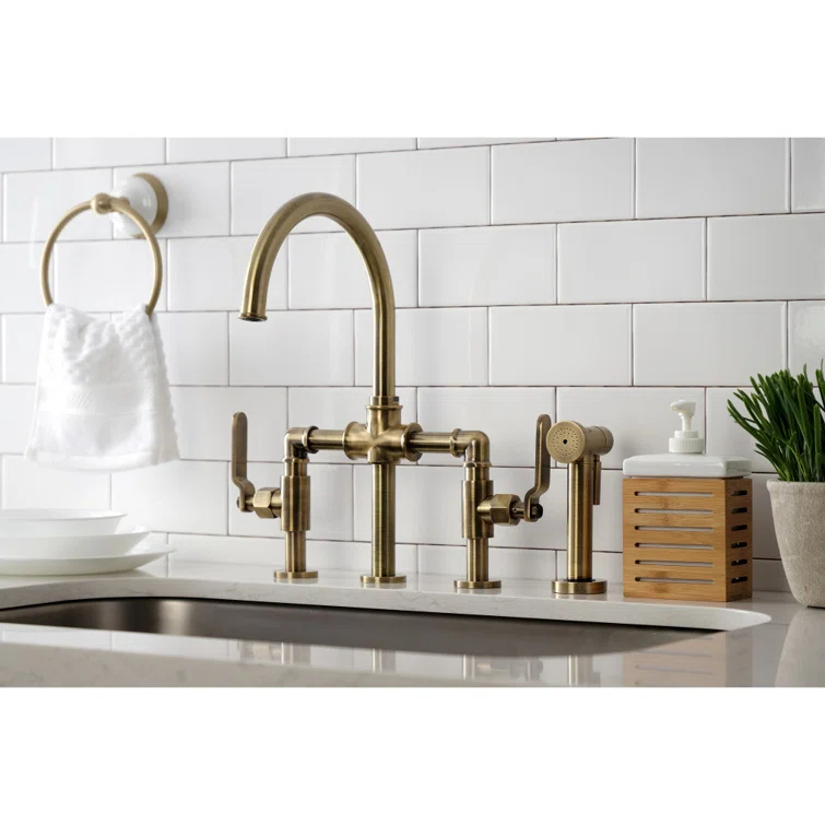 Kingston Brass Kingston Brass Two-Handle 4-Hole Deck Mount Industrial Style Bridge Kitchen Faucet with Brass Side Sprayer KS2333RX