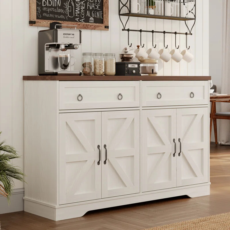 Farmhouse 55" Buffet Sideboard Cabinet With Storage, Coffee Bar Cabinet With 2 Drawers
