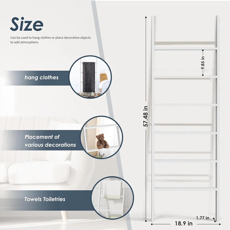 Latitude Run® Wood Blanket Ladder, 57.5'' Rustic Towel Quilt Throw Blanket Ladders For The Living Room, Bedroom, Nursery Stand Holder, Wooden Decorative Ladder For Blankets Rack Farmhouse Home Decor, White