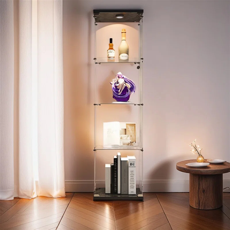 Lighted 4 Shelves Glass Cabinet Glass Display Cabinet With One Door