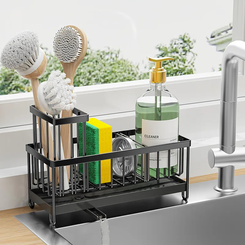 WhiteDream Sponge Holder For Kitchen Sink, Sink Caddy With High Brush Holder, Kitchen Sink Organizer Countertop Rustproof 304 Stainless. Black