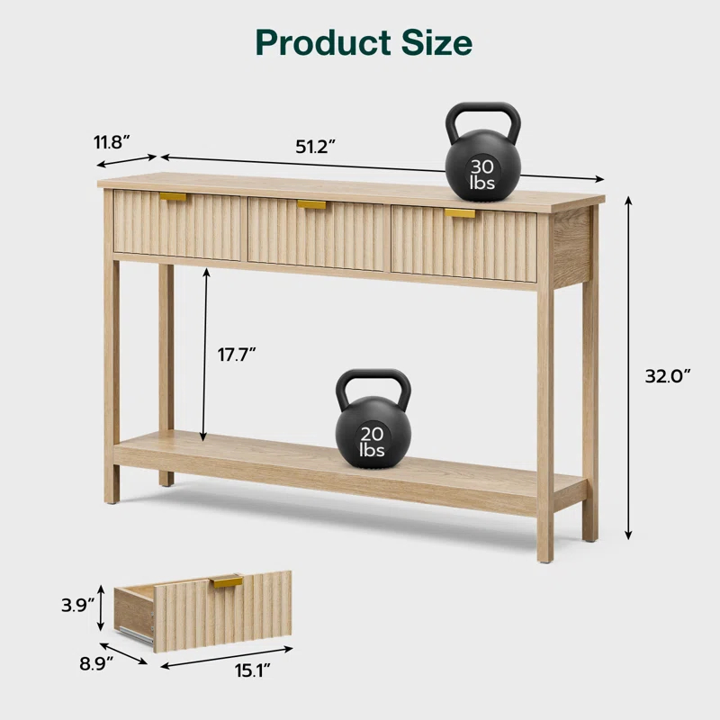 Latitude Run® Console Table With Storage, Boho Entryway Table With 3 Fluted Drawers And Shelf, Sofa Table For Living Room, Entryway, Hallway, Natural