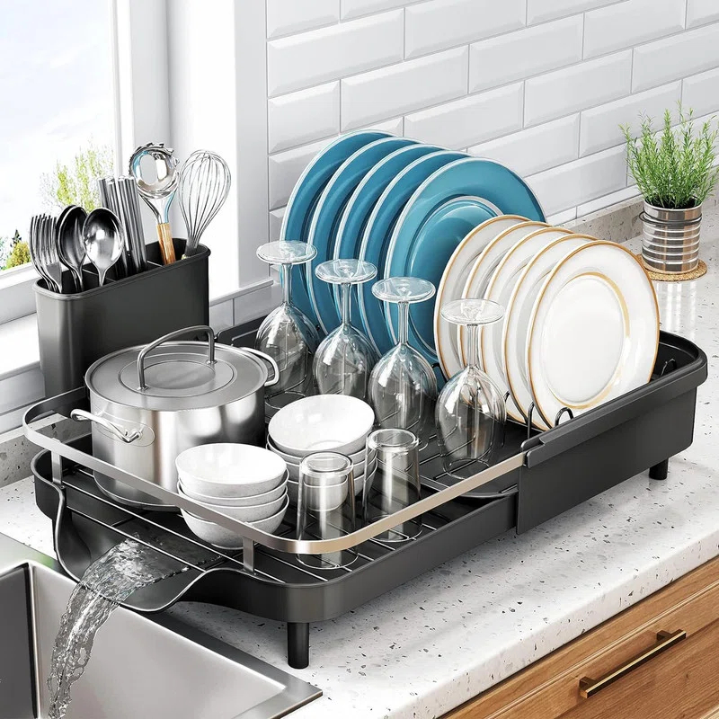 Fabhob Expandable Dish Rack for Kitchen Counter, Stainless Steel Dish Drainer with Drainboard Set and Utensil Holder