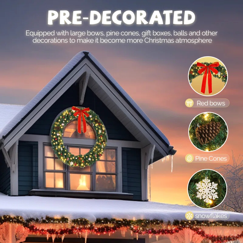 The Holiday Aisle® 48in 150 Lights 450 Branches Pvc Bow Decoration Garland Garden Garland Decoration Green