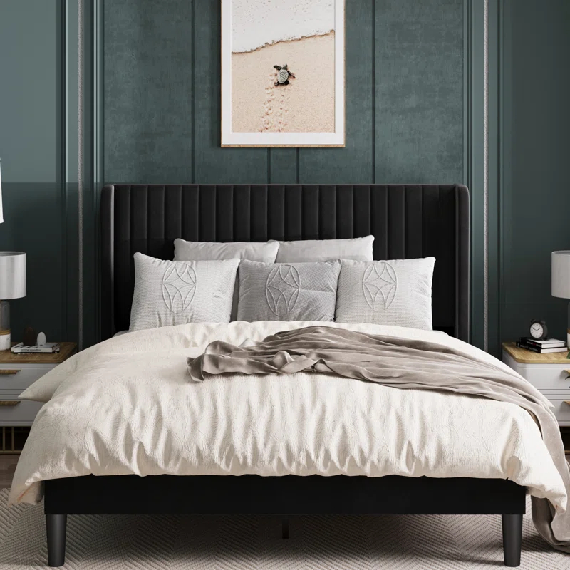 Candler Velvet Upholstered Platform Bed with Wingback Headboard and Wooden Slats