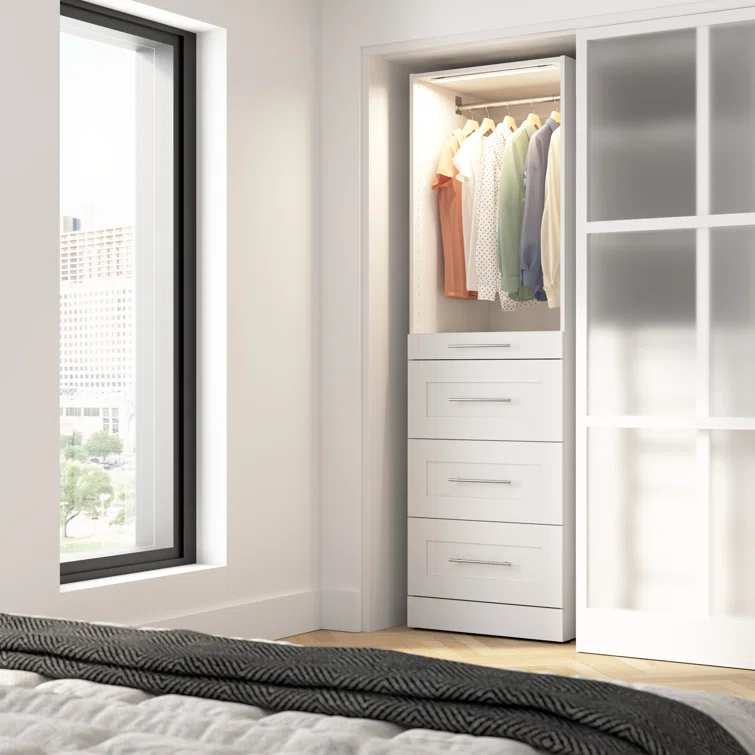 Bestar Florence Modular Walk-In Closet System Tower With LED Light, Shelves And 4 Drawers, Shaker Style