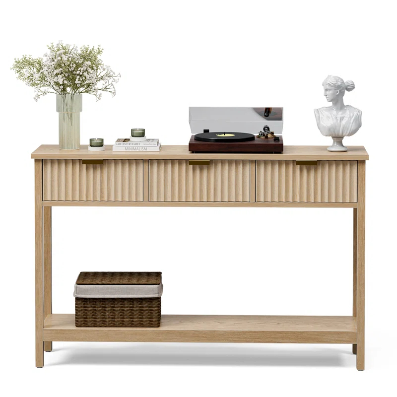 Latitude Run® Console Table With Storage, Boho Entryway Table With 3 Fluted Drawers And Shelf, Sofa Table For Living Room, Entryway, Hallway, Natural