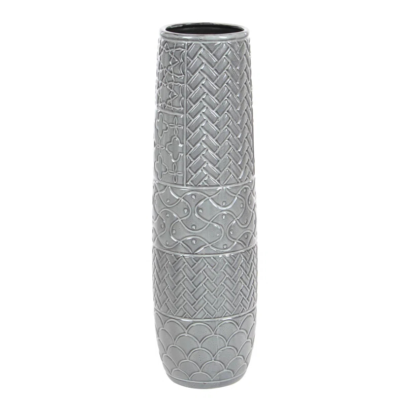 Ceramic Slim Engraved Patterned Decorative Gray Vase