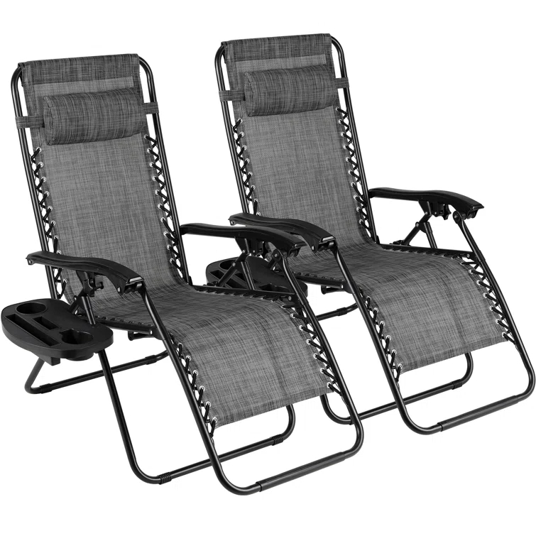 Arlmont & Co. Zero Gravity Chair Set of 2, Outdoor Folding Lounge W/Detachable Headrest & Holder Tray, Adjustable Textilene Lawn Reclining, No Assembly Required, for Patio, Backyard, Garden, Poolside,