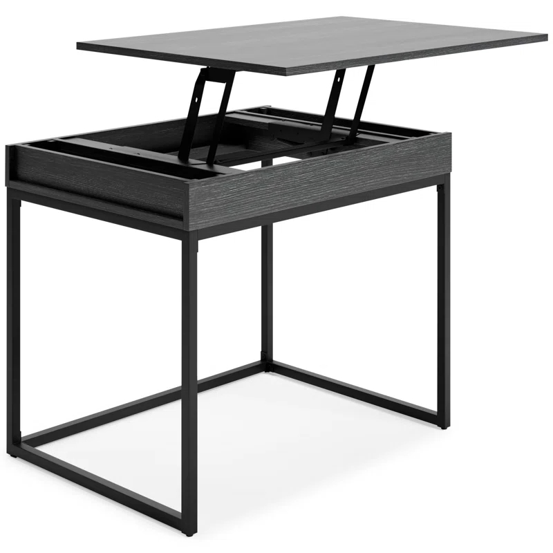 Benjara Yasmin Home Office Lift Top Desk, Dark Gray Wood, Black Metal, 36 Inch