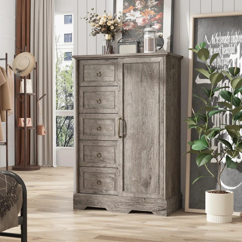 Gracie Oaks 5 Drawers Dresser With Cabinet, 48" Tall Chest, Wooden Closet Dresser With Sliding Barn Door For Living Room, Hallway