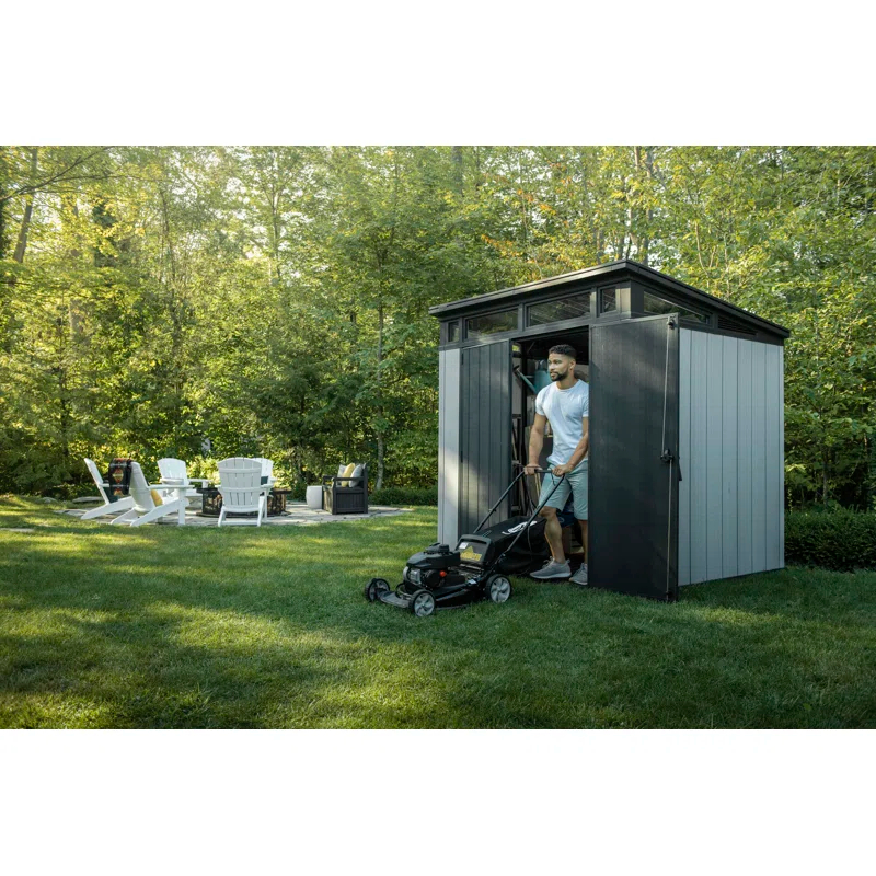 Keter Artisan 7x7 ft. Modern Durable Resin Outdoor Storage Shed With Floor and Double Doors for Garden Patio Furniture and Tools, Grey